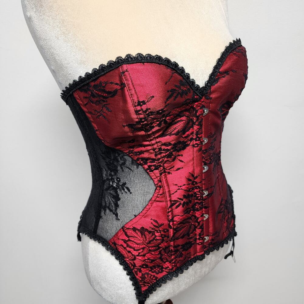 Adore Me Corset Overbust Bustier Top Large Red Black Lace Up Boned Goth Vamp